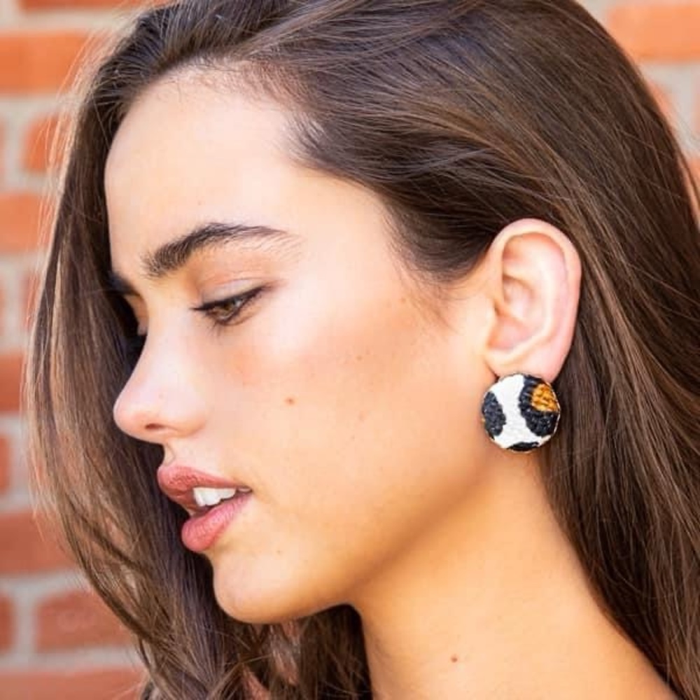 Tiff Earrings 
Leopard print cloth circles.